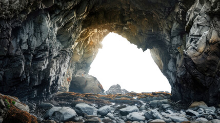 The Mystery of the Cave's Embrace: A dramatic cavern unveils a sunlit entrance, its rugged rock formations inviting exploration and a sense of mystery. 