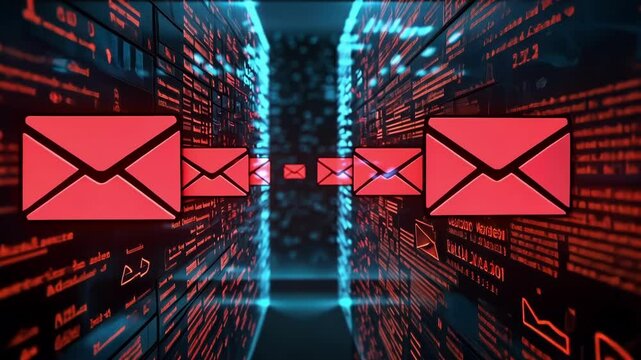 Glowing red email icons are moving through a dark cyberspace tunnel, representing data transfer, communication, and the importance of cyber security in protecting sensitive information