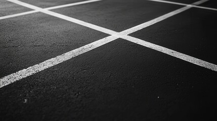 Fototapeta premium Crisp white line bisects a smooth asphalt surface, creating a striking diagonal across the frame