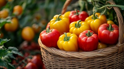 Fresh harvest of colorful peppers in a wicker basket displayed in a vibrant garden during summertime