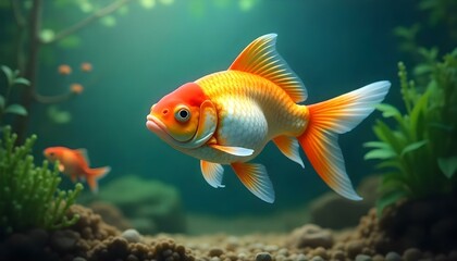 Fototapeta premium A digital art image shows a goldfish in an aquarium. The goldfish is orange and white, and it is swimming in the center of the image