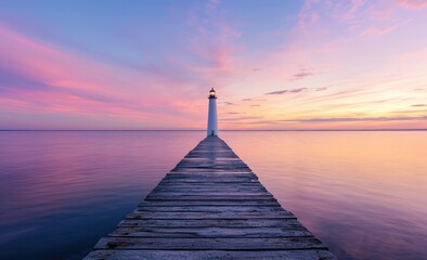 Fototapeta premium Serene Sunset over Calm Waters with Lighthouse and Wooden Pier