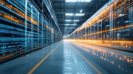 Futuristic warehouse interior with vibrant data streams and organized storage systems during daytime operations