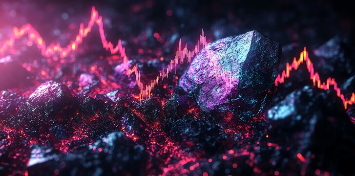 Glowing Rocks and a Pink Stock Chart: A Dramatic Digital Artwork
