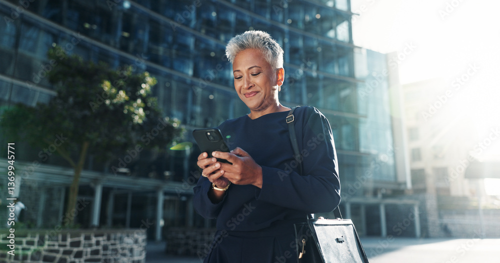 Aufkleber texting, phone and business with woman in city for stock market report, reading and investment app. 
