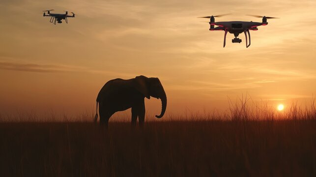Drones monitor elephant during sunset, offering new perspectives on wildlife conservation