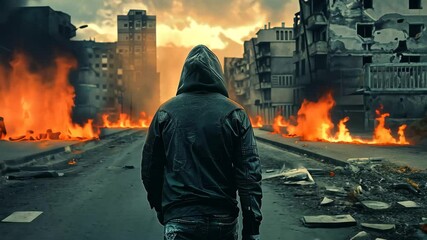The figure, dressed in a hooded jacket, gazes at the fiery chaos engulfing the city as smoke rises against a dramatic sunset backdrop, symbolizing devastation and desolation. - Powered by Adobe