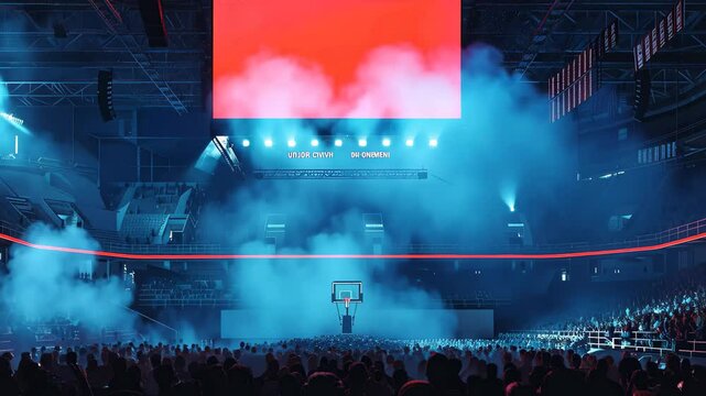 A vibrant atmosphere fills the arena as a large crowd eagerly awaits the start of a basketball game, illuminated by blue and red lights on the court.