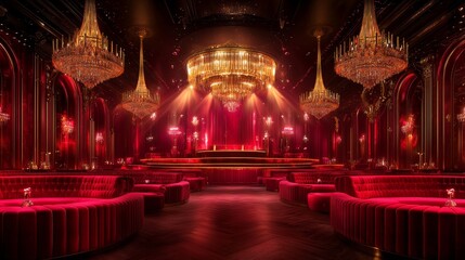Obraz premium Red And Gold Nightclub Interior With Crystal Chandeliers And Plush Seating