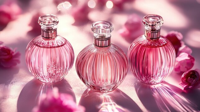 Delicate pink perfume bottles, adorned with floral accents, evoke a sense of springtime freshness.  Soft light highlights the ribbed glass, showcasing the beauty of the scents within - Powered by Adobe