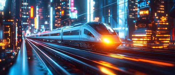 Fototapeta premium High speed train gliding through a futuristic city at night