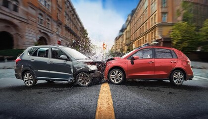 Colliding vehicles create chaos as two cars crash at high speed in an urban environment, showcasing significant damage and debris scattering