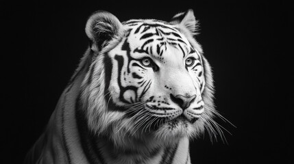 Intense gaze. A striking black and white portrait of a white tiger, its eyes locked on a distant point. Powerful and captivating