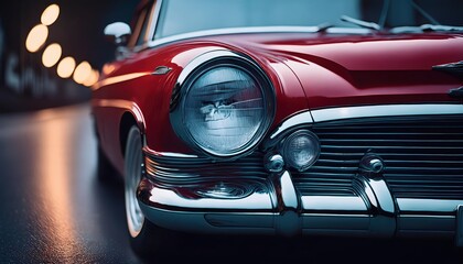 Front view of a classic retro car showcasing its headlights under soft evening lights on a reflective surface