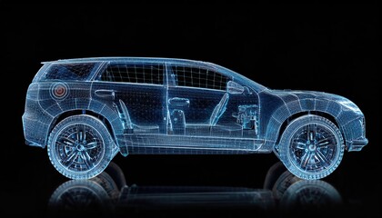 Naklejka premium Blueprint of a futuristic electric off-road vehicle showcasing minimalist design and advanced features on a sleek black background
