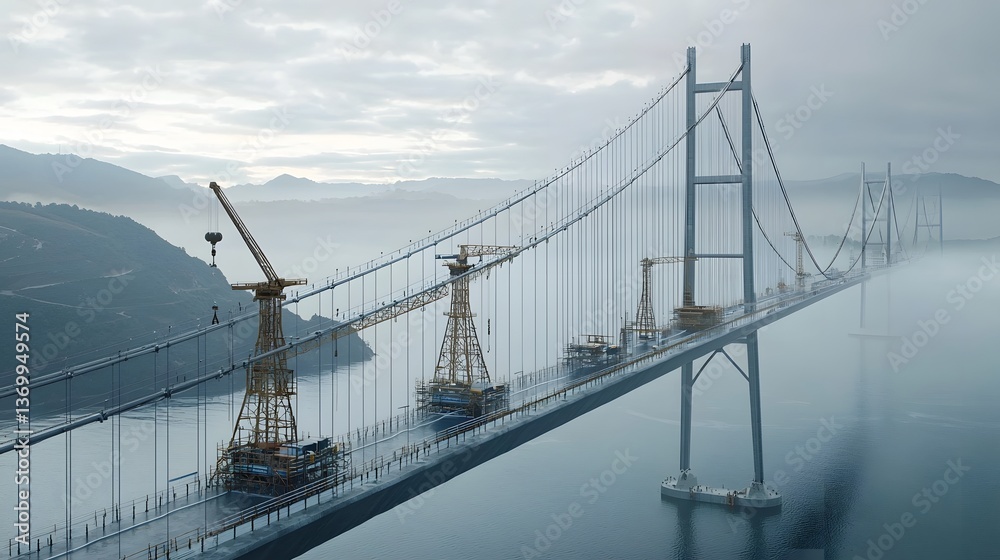 Poster A large scale suspension bridge project taking shape with cranes and supporting structures visible amid the misty mountainous landscape