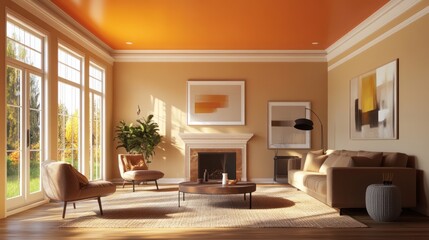 Fototapeta premium Modern living room with orange ceiling and autumn view