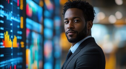 A confident Black businessman in a suit stands proudly beside vibrant financial graphs and data displays in a sleek office setting