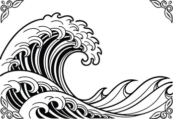 Ocean Waves Outline Design - Great Wave off Kanagawa Clipart - Sea Wave illustration in black and white Pro Vector