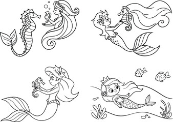 a grill mermaid in the underwater world. Coloring book page for kids. Cartoon style. Vector illustration isolated on white background