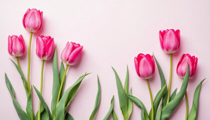 Fototapeta premium Pink tulips on blank background HD image. A tulips doesn't strive to impress anyone, it just blooms proverb image. Pink tulips HD picture