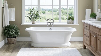 Elegant White Bathtub in Modern Bathroom with Natural Light and Plants