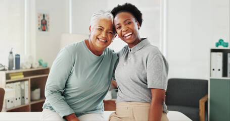 Fototapeta premium Portrait, senior woman and happy physical therapist for healthcare, help and wellness. Patient, physiotherapy and person at rehabilitation clinic for medical support, embrace and laughing together