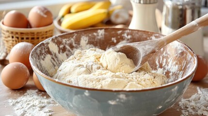 Fototapeta premium A wooden spoon stirring dough in a ceramic mixing bowl.