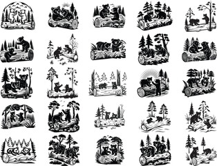 Obraz premium Black Bear Cubs on log Vector