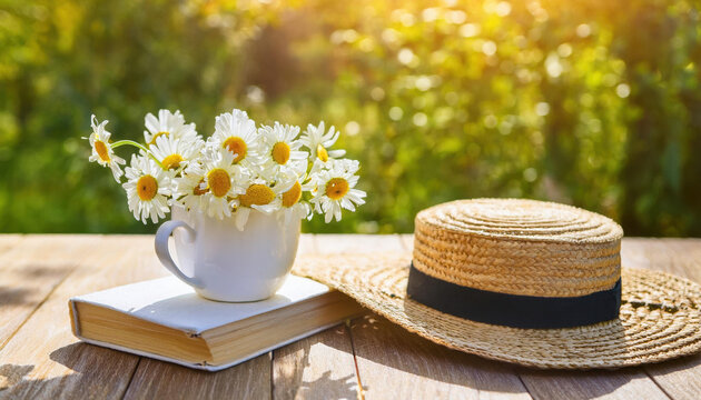 Colorful daisies in a white cup beside a book and woven hat on a wooden table in a sunlit garden setting