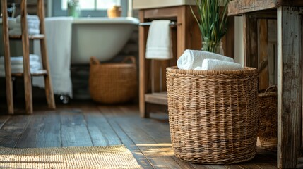 Fototapeta premium A woven basket-style trash can in a rustic-themed bathroom.