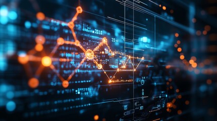 Obraz premium Digital interface displaying data analytics and network connections in a futuristic environment
