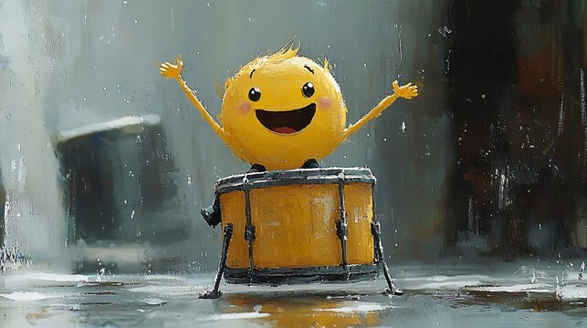 Joyful Smiley Drumming in Rainy Cityscape of excellence in splendor beyond compare with grace.