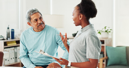 Physiotherapist, woman and senior man with checklist, discussion and questions at clinic. People,...
