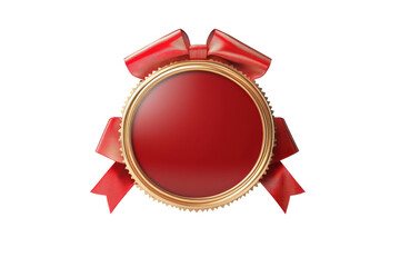 A red badge with a gold border and red ribbons on a black background for a special occasion