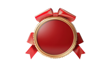 A red badge with a gold border and red ribbons on a black background for a special occasion