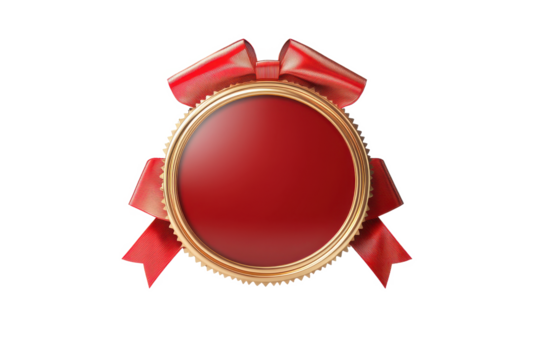 A red badge with a gold border and red ribbons on a black background for a special occasion