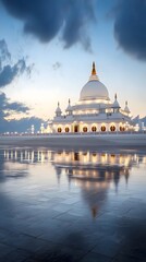 Obraz premium A magnificent Buddhist temple with intricate spires and domes reflected in the serene waters below against a picturesque twilight sky with soft ambient lighting