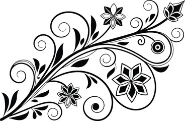 Black and White Abstract Floral Design with Ornate Swirls and Vintage Floral Elements