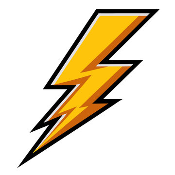 A yellow lightning bolt with orange shading and a thick black outline, depicted in a cartoonish style 