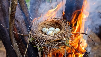 Fireflies surround a bird s nest with eggs amidst a forest fire in a captivating natural moment