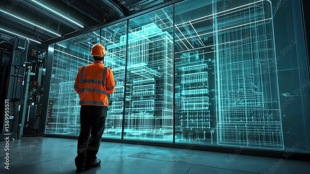 Aufkleber it engineer wearing a safety helmet and high visibility jacket utilizing augmented reality to visual