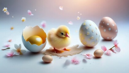 Cute chick hatches from egg with decorated Easter eggs and blossoms in soft pastel colors