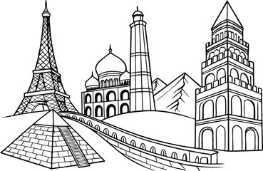 Vector illustration of cathedrals in St Petersburg, St Paul, and Paris showcasing architectural landmarks and vintage design