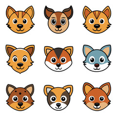 Funny vector animal head icon set of cute cartoon cats, dogs, pigs, and other baby character faces, a funny mammal collection design illustration