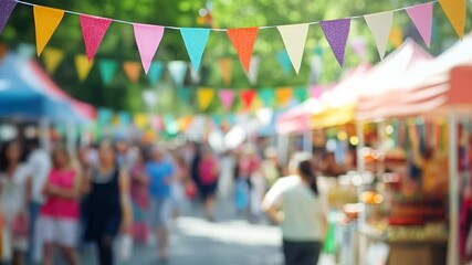 Colorful street festival with bunting flags and market stalls. Footage of summer fair background with blurred people and festive decorations suggests a bustling market or street fair, copy space