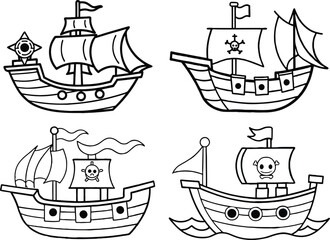 Pirate ship vector illustration with nautical elements and vintage design coloring page