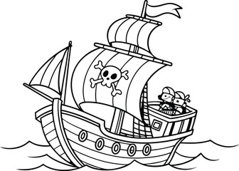 Pirate ship vector illustration with nautical elements and vintage design coloring page