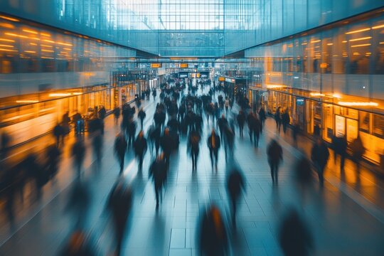 Long exposure reveals the dynamic movement of commuters navigating through a busy train station filled with lights and activity