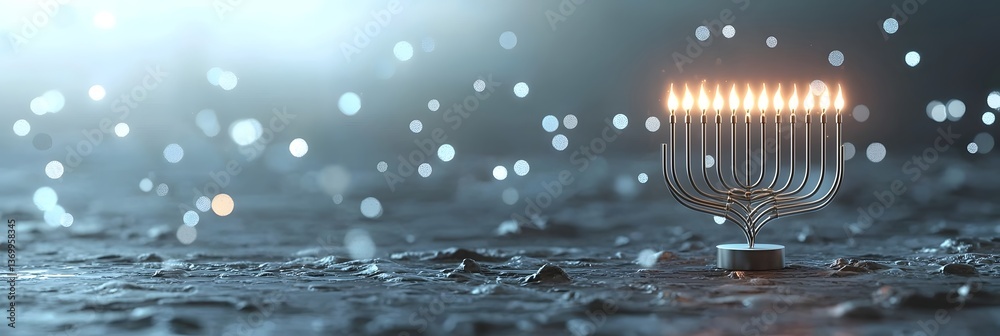 Aufkleber A mesmerizing 3D depiction of a glowing menorah its candles illuminating the surrounding floating light particles against a serene blurred background